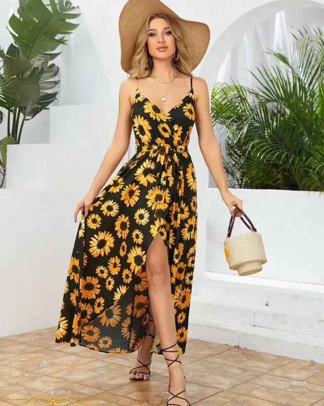 Floral Chain Tie Back Maxi Dress , Sunflower Print Boho Maxi Dress - High Waisted Sleeveless Wrap Cami Dress with Slit for Be...