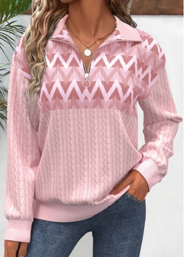 Modlily Pink Zipper Geometric Print Long Sleeve Sweatshirt - L