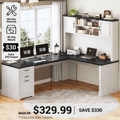 SEDETA 68.9 Inch Farmhouse Executive Office Desk Computer Desk with Storage Shelves for Home Office White Home Office Furnitu...