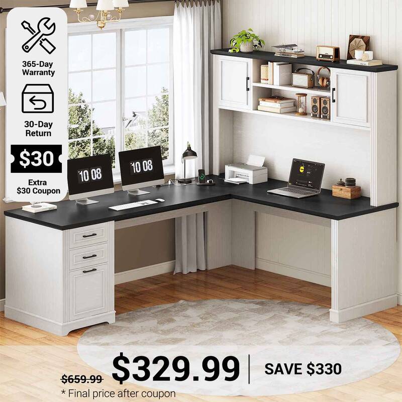 SEDETA 68.9 Inch Farmhouse Executive Office Desk Computer Desk with Storage Shelves for Home Office White Home Office Furnitu...