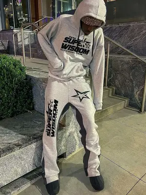 Two-Piece Set Men's Star Print Drop Shoulder Hoodie & Drawstring Waist Flare Leg Sweatpants Set, Regular Fit Casual Fashion C...