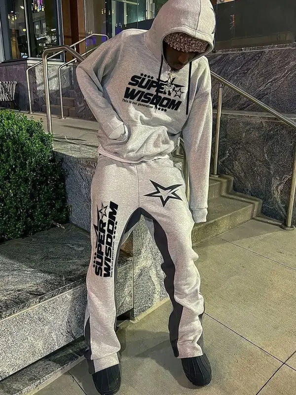 Two-Piece Set Men's Star Print Drop Shoulder Hoodie & Drawstring Waist Flare Leg Sweatpants Set, Regular Fit Casual Fashion C...