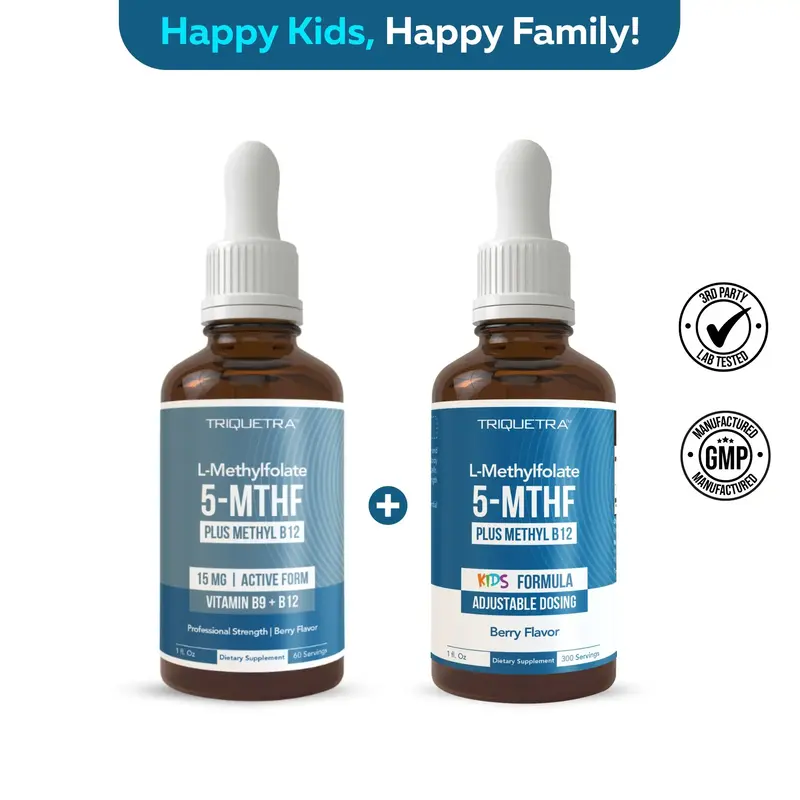 Triquetra Health Happy Family Bundle L-Methyl Folate 15mg & B12 Cofactor + Kids L-Methyl Folate | Organic Liquid Active Form ...