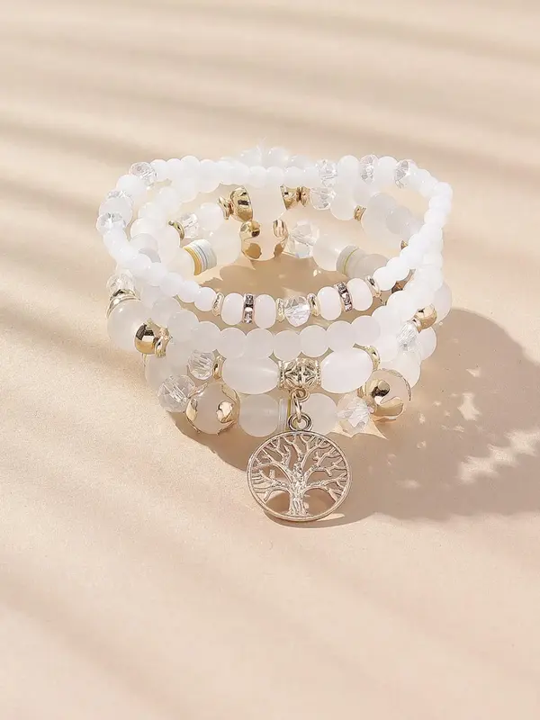 Women's Boho Style Creative Tree Of Life Design Beaded Bracelets, Rhinestones & Artificial Gemstone Decorated Charms Bracelet...