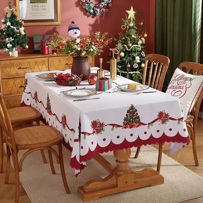 Christmas Themed Tablecloth, 1 Count Holiday Flower & Tree Pattern Tablecloth, Decorative  Christmas Tree Table Cover for Hom...