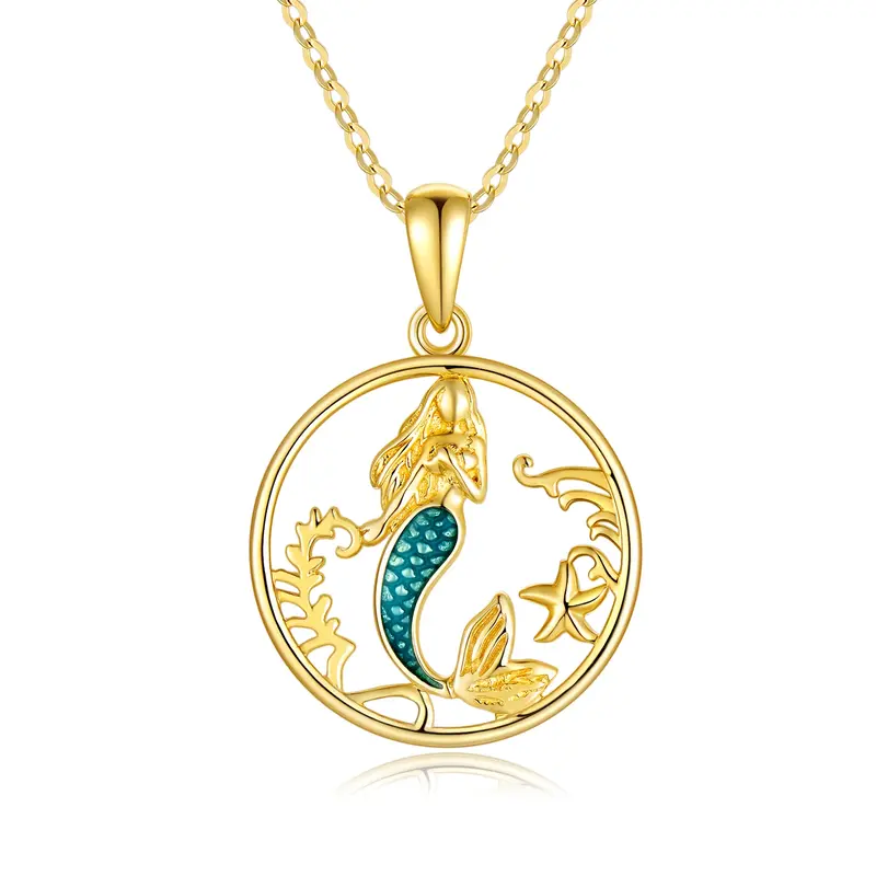14K Gold Circular Shaped Mermaid Pendant Necklace