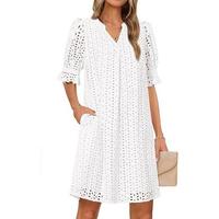 MEROKEETY Women's 2025 Summer Short Sleeve Mini Dress V Neck Ruffle Hollow Out Eyelet Lace Dresses