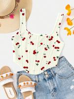 Women's Cherry Print Crop Tank Top, Cute Casual Sleeveless Crop Top for Summer, Fashion Women's Top for Daily Wear