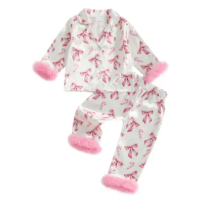 REDWOON Toddler Baby Girl Christmas Fuzzy Pajamas Set Candy Cane & Bow Button Down Shirt and Pants Holiday Pjs for Kids Loung...