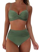 Women's Plain Ruched Backless Bikini Set, Casual Wrap Sweetheart Neck Swim Bra & High Waist Swim Panty, Ladies Summer Swimsui...