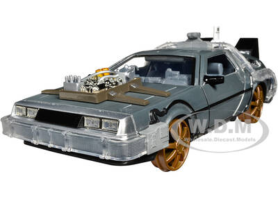 DeLorean Brushed Metal Time Machine (Train Wheel Version) with Lights Back to the Future Part III (1990) Movie Hollywood R...