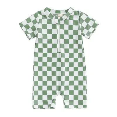 Toddler Baby Boy Girl Swimsuit Checkered Swimwear Short Sleeve Zipper Rash Guard Beach Bathing Suit