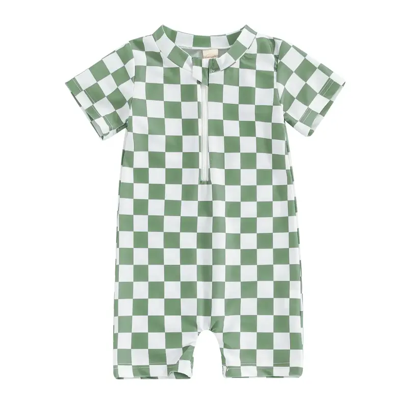 Toddler Baby Boy Girl Swimsuit Checkered  Swimwear Short Sleeve Zipper Rash Guard Beach Bathing Suit