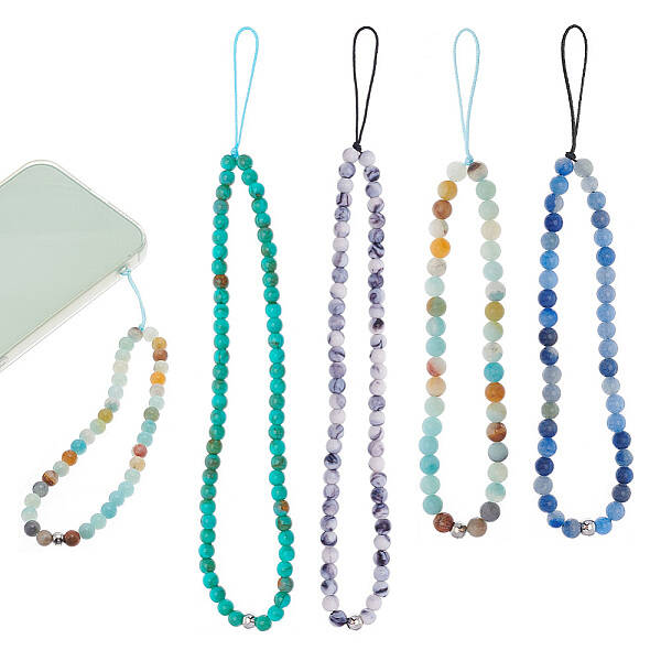 4Pcs 4 Style Round Acrylic Beads & Natural Gemstone Phone Hand Strap Chains