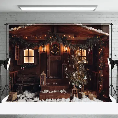 Brown Wooden House Outdoor Photo Christmas Backdrop - Aperturee