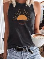 Women's Cartoon Sun Print Round Neck Tank Top, Casual Sleeveless Top for Summer, Vest Top, Ladies Clothes for Daily Wear, Wom...