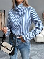 Women's Striped Print Button Design High Neck Blouse, Casual Long Sleeve Top for Daily Wear, Ladies Clothes for All Seasons