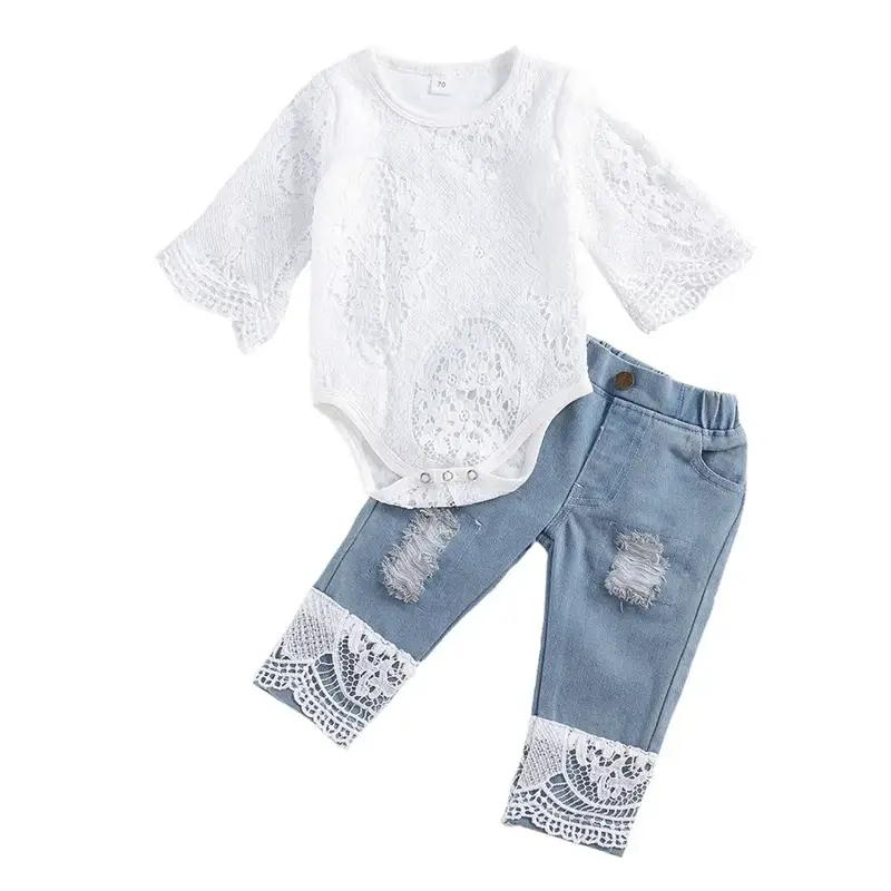 Baby Girl Outfits Set Lace Ruffle Romper Bodysuit Flare Denim Jean Pants 2Pcs Set Newborn Infant Clothing