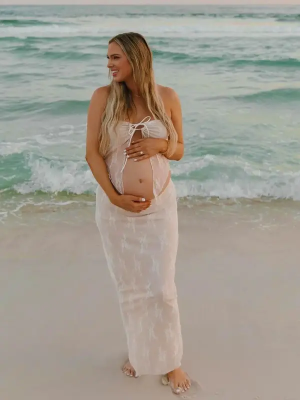 Two-piece Set Maternity's Floral Lace Backless Tube Top & Skirt, Elegant Strapless Tie Front Top & Bodycon Skirt for Baby Sho...