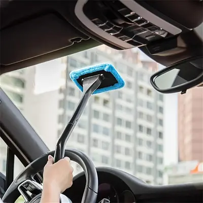 Car Front Windshield Cleaning Brush for Summer, 2 Counts Long Handle Car Window Brush, Double-purpose Cleaning & Wiping Tool...