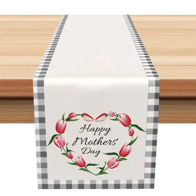 Grey Black Plaid Tulips Mothers Day Table Runner - Aperturee