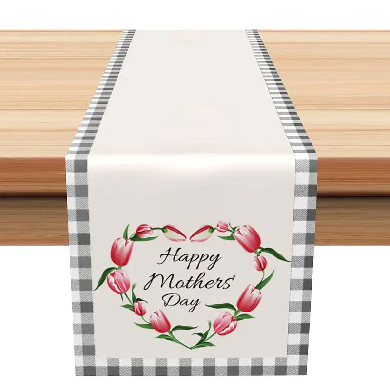 Grey Black Plaid Tulips Mothers Day Table Runner - Aperturee