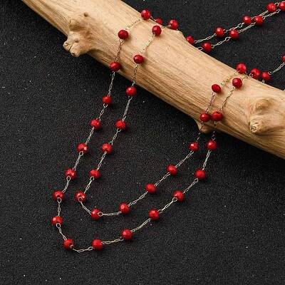 Ion Plating(IP) 304 Stainless Steel & Faceted Red Galss Link Chain Double Layer Necklaces for Women