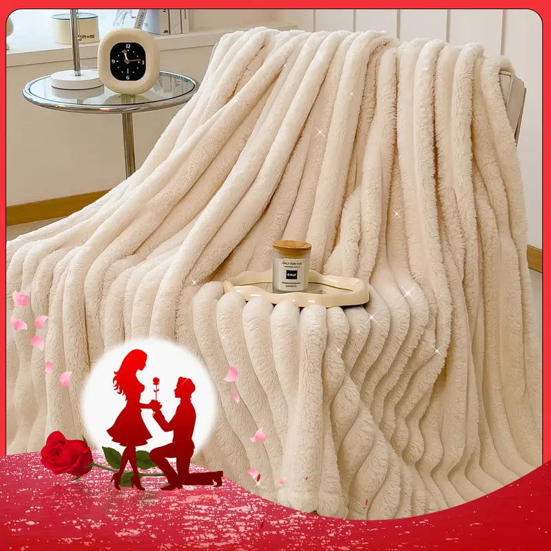 Solid Color Double Sided Striped Bed Blanket, 1 Count 400GSM Soft Warm Throw Blanket, Warm Nap Blanket for Home Office Trave...