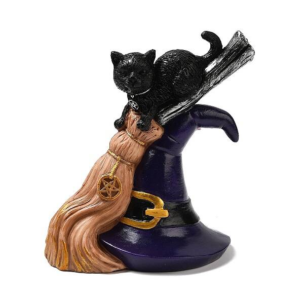 Resin Bewitched Cat with Broom Figurine Ornament