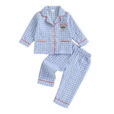 Toddler Girl Boy Christmas Gingham Pajamas Set Button Down Lapel Shirt Tops Pants Sleepwear 2Pcs Holiday Pjs Set
