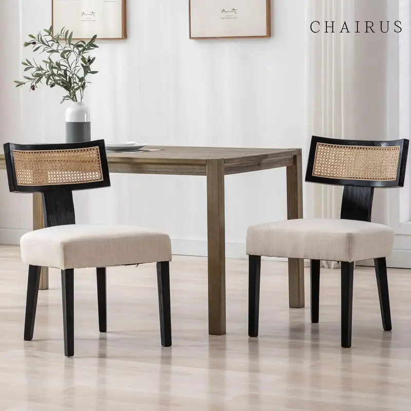 CHAIRUS Rattan Dining Chairs Set of 2, Mid Century Modern Dining Chairs ,Linen Upholstered Dining Chairs with Rattan Back Woo...