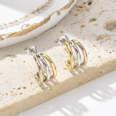 304 Stainless Steel Triple C-Shaped Stud Earrings for Women