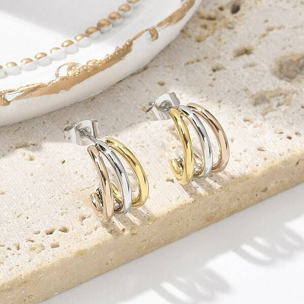 304 Stainless Steel Triple C-Shaped Stud Earrings for Women