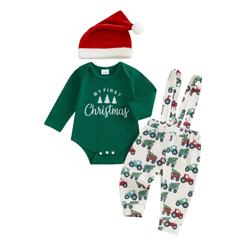 KARESOULL Baby Boy Christmas Outfit, Long Sleeve Dots Printed Bow Tie Romper with Overall Pants and Hat Infant Outfit christm...