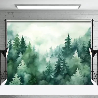 Watercolor Foggy Green Forest Mountain Spring Backdrop - Aperturee