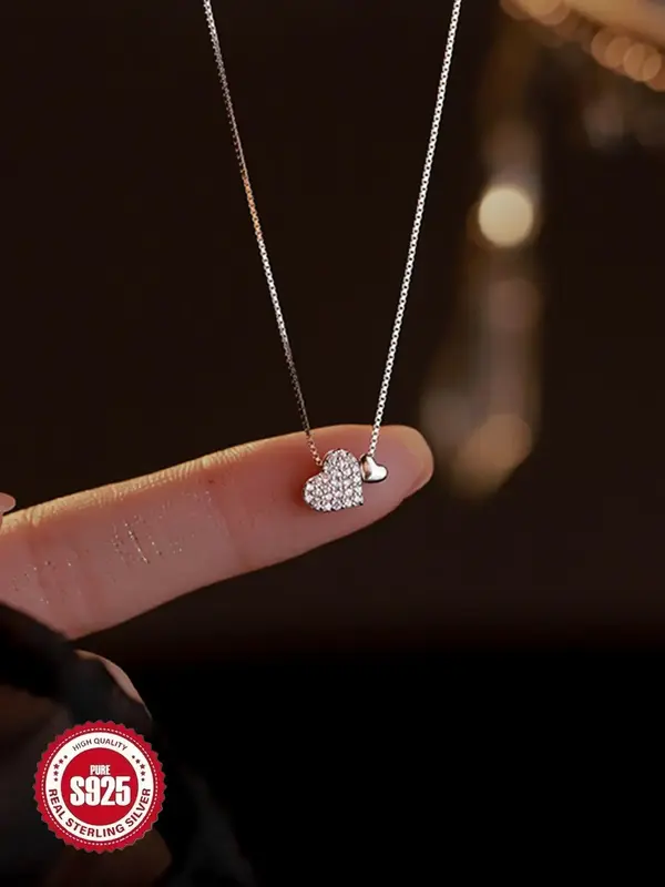 S925 Sterling Silver Heart Shaped Pendant Necklace with Box, Artificial Zircon Decor Whimsical Necklace, Fashion Jewelry Acce...