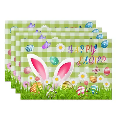 Green Plaid Rabbit Ear Floral Egg Set Of 4 Placemats - Aperturee