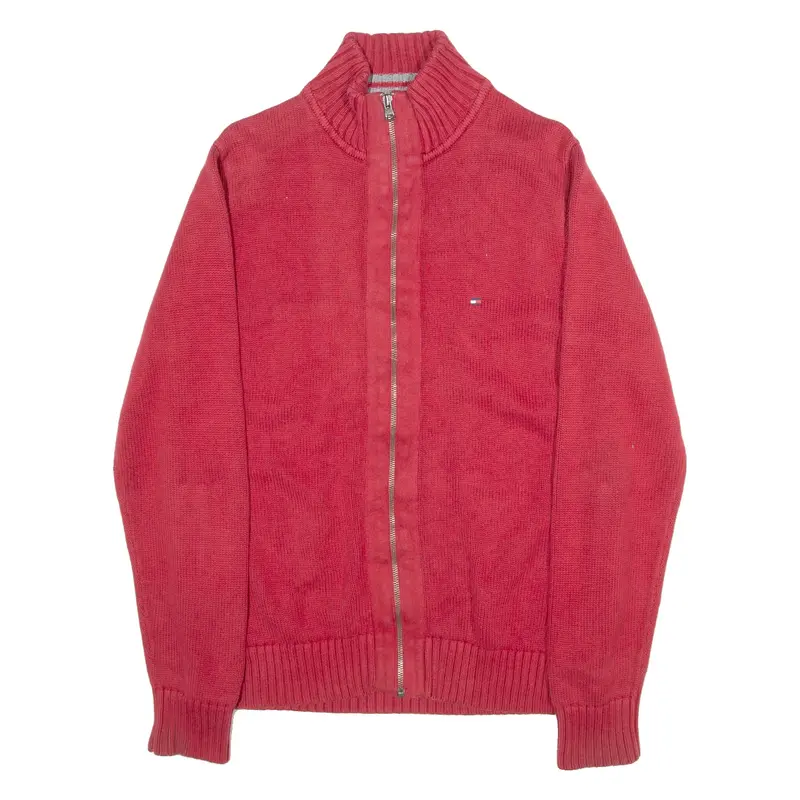 TOMMY HILFIGER Premium Cotton Mens Cardigan Red High Neck Tight Knit M