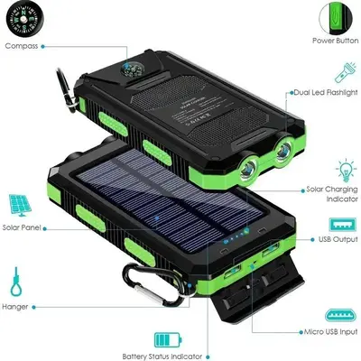 Portable Solar Power Bank, 1 Count 10000mAh External Battery Charger, Multi-functional Power Bank with Strong LED Light & 2 U...