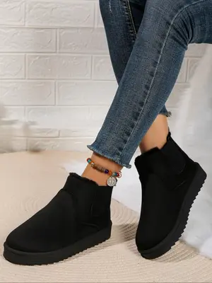 Women's Fashionable Solid Color Slip on Snow Boots, Casual Comfortable Warm Flat Boots for Winter, Female All-match Round Toe...