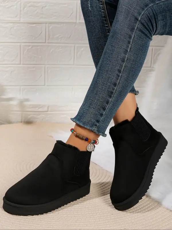 Women's Fashionable Solid Color Slip on Snow Boots, Casual Comfortable Warm Flat Boots for Winter, Female All-match Round Toe...
