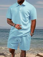 Men's Textured Shortsleeve Polo Shirt & Shorts Two-piece Set, Casual Loose Top & Drawstring Waist Shorts, Men's Summer Outfit...