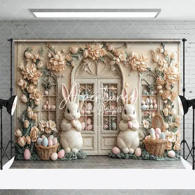 Aperturee Beige Floral Egg Boutique Bunny Easter Photo Backdrop, 3X2FT(1MX0.6M), 14 USD, easter backdrops, ENHD3J80-M