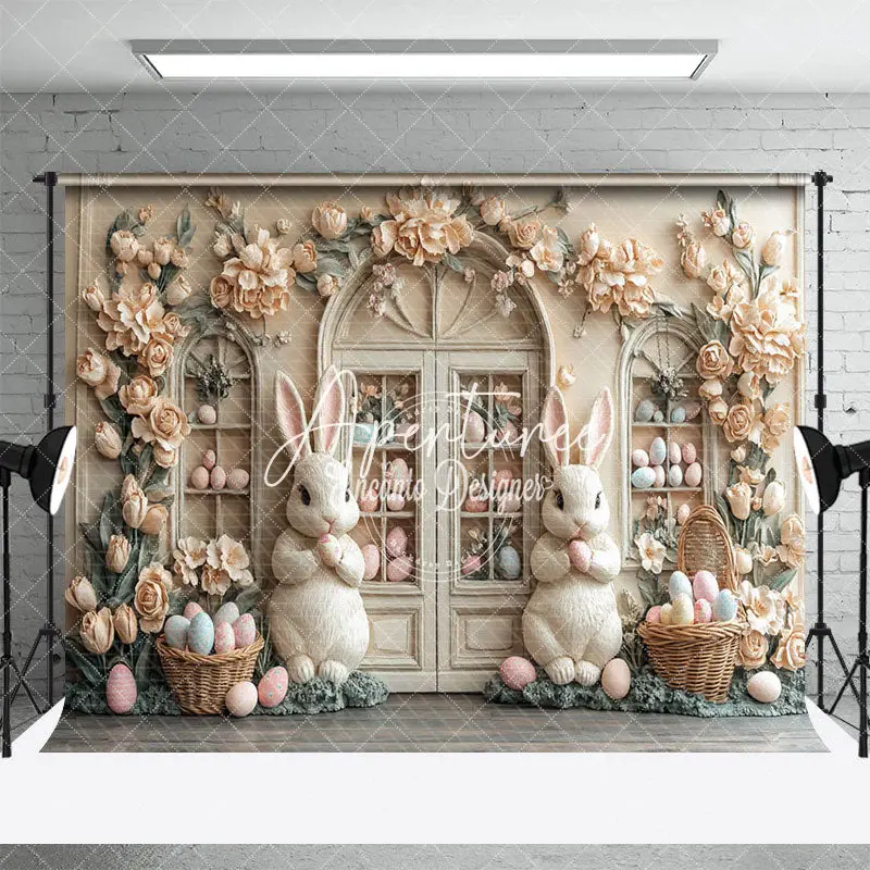 Aperturee Beige Floral Egg Boutique Bunny Easter Photo Backdrop, 3X2FT(1MX0.6M), 14 USD, easter backdrops, ENHD3J80-M