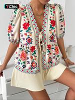 Women's Floral Print Tie Front Blouse, Boho Casual Top for Daily Holiday Vacation Wear, Women Clothing for Summer, Womenswear