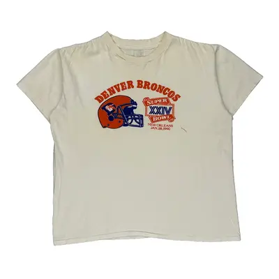 1990 Super Bowl Denver Broncos Single Stitch Nfl T-Shirt - 2XL Cream Cotton