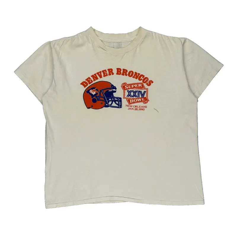1990 Super Bowl Denver Broncos Single Stitch Nfl T-Shirt - 2XL Cream Cotton