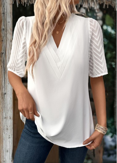 Modlily Women White V Neck Blouse Patchwork Mesh Half Sleeve Shirt - XL
