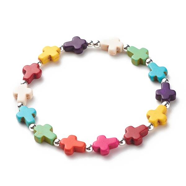 Synthetic Turquoise(Dyed) Cross Beaded Stretch Bracelet