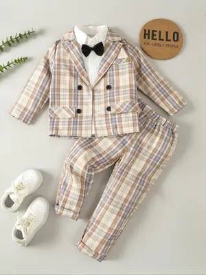 Three-piece Set Boy's Plaid Print Button Front Blazer & Pocket Pants & Bow Tie Shirt Set, Long Sleeve Lapel Neckline Fake Poc...